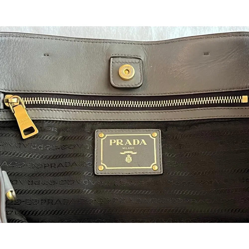 Authentic Prada Calfskin Leather Tote Bambu Grey Large Luxury Travel & Work Bag